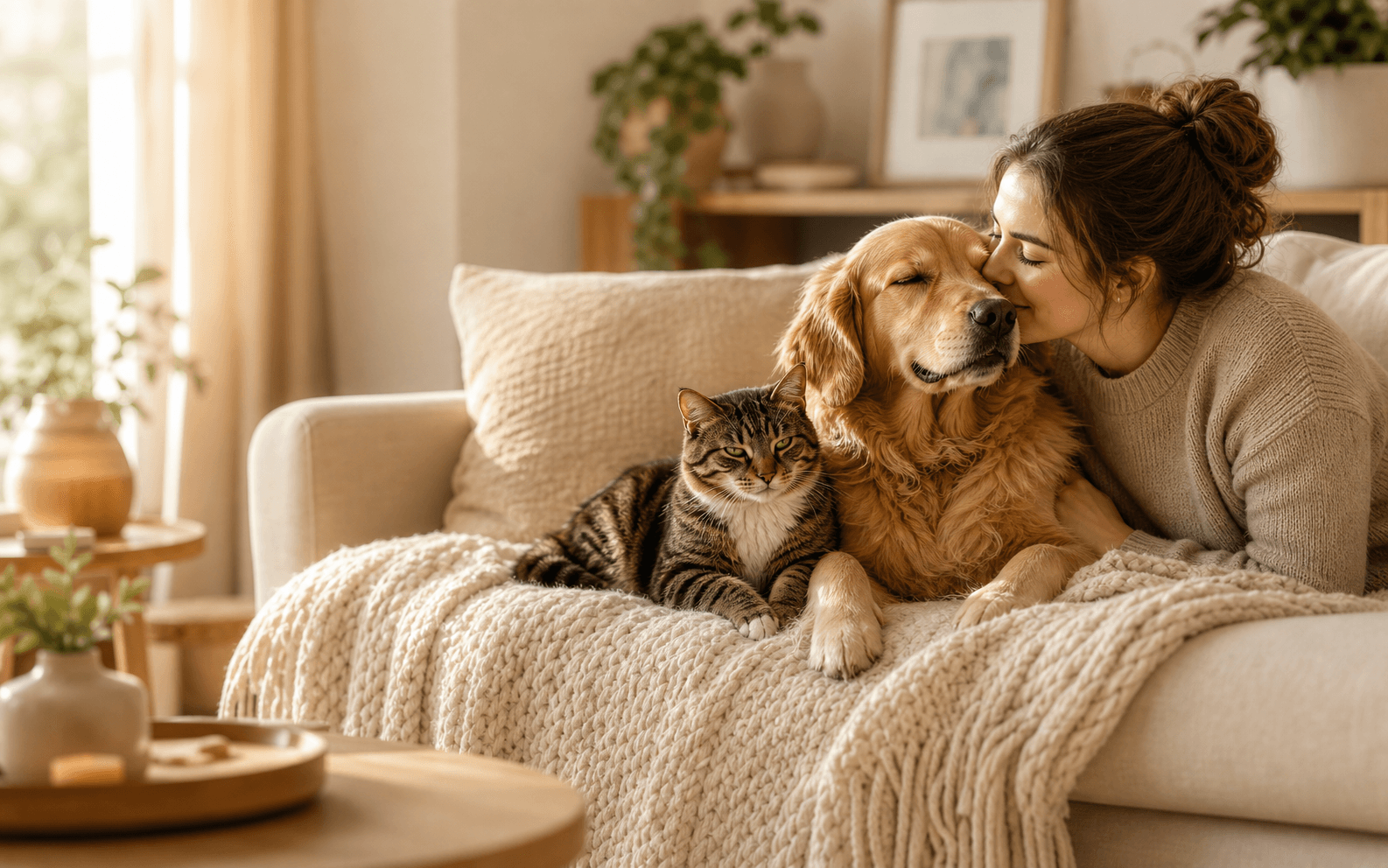 A pet family resting together at home